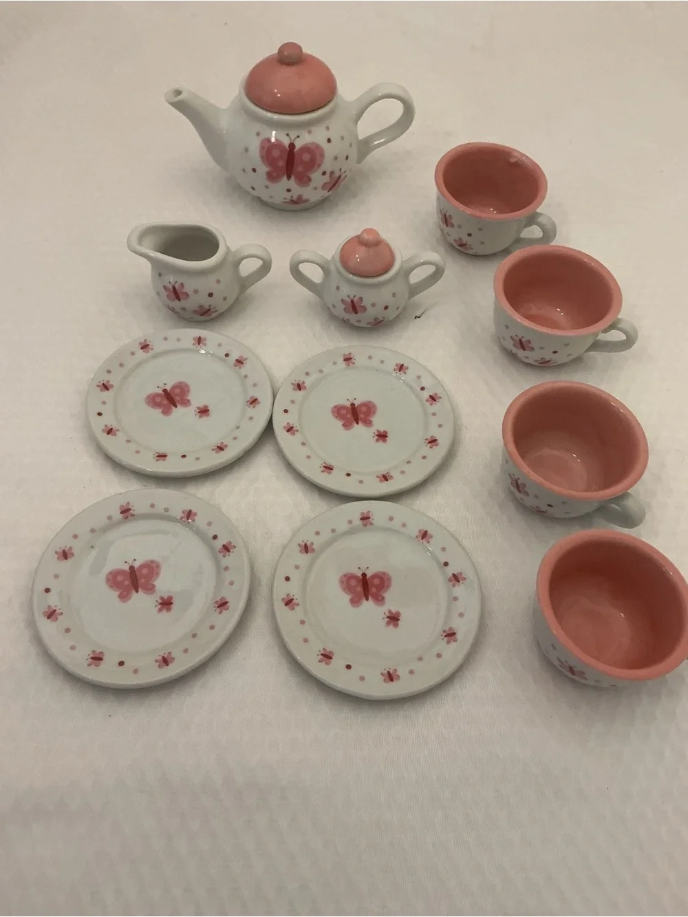 Mini Ceramic Tea Set with Pink Butterfly Accents